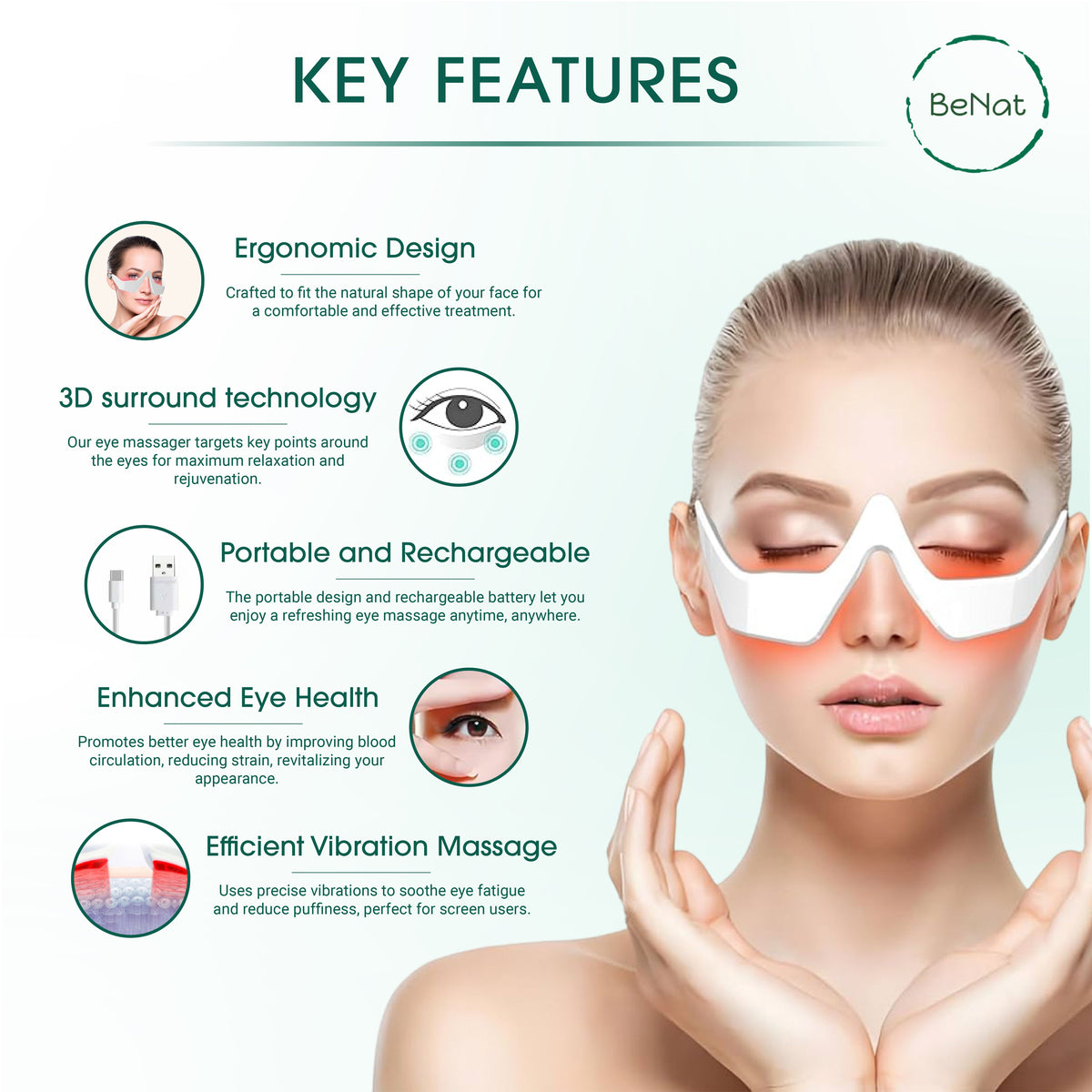 Under-eye massager shown with USB charging cable