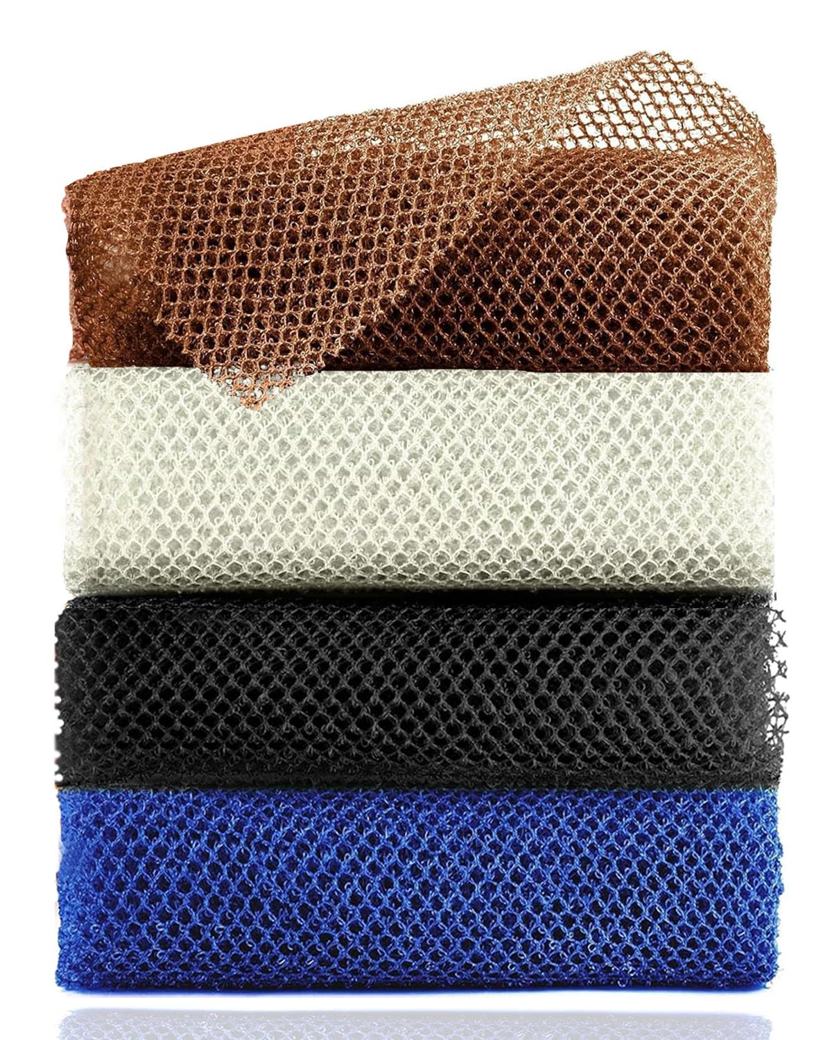 4 Pieces African Exfoliating Net Sponge 33 inch Long Bathing Sponge Shower Body Scrubber Net for Back Skin Smoother Daily Use (Black/Blue/Brown/Beige)